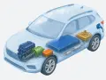 Schéma d'une voiture hybride non rechargeable : moteur thermique, moteur électrique, batterie, réservoir d'essence et prise de recharge.