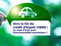 Une feuille verte porte l'icône d'une voiture électrique. Le texte parle de la fin du crédit d'impôt pour l'électromobilité.