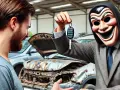 Un homme masqué offre des clés de voiture à un autre homme, devant une épave. C'est ça, le mandataire auto ?