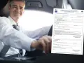 Un homme souriant conduit, une main sur le volant. À côté de lui, un formulaire "Certificat de cession d'un véhicule d'occasion" est visible, expliquant comment remplir un certificat de cession.