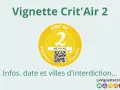 Vignette Crit'Air 2, symbole de la ZFE Paris. Infos sur le calendrier Crit'Air et les villes d'interdiction.