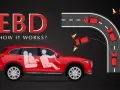 Illustration expliquant le fonctionnement de l'EBD, avec une ebd voiture rouge traversant une courbe et des cônes de signalisation.