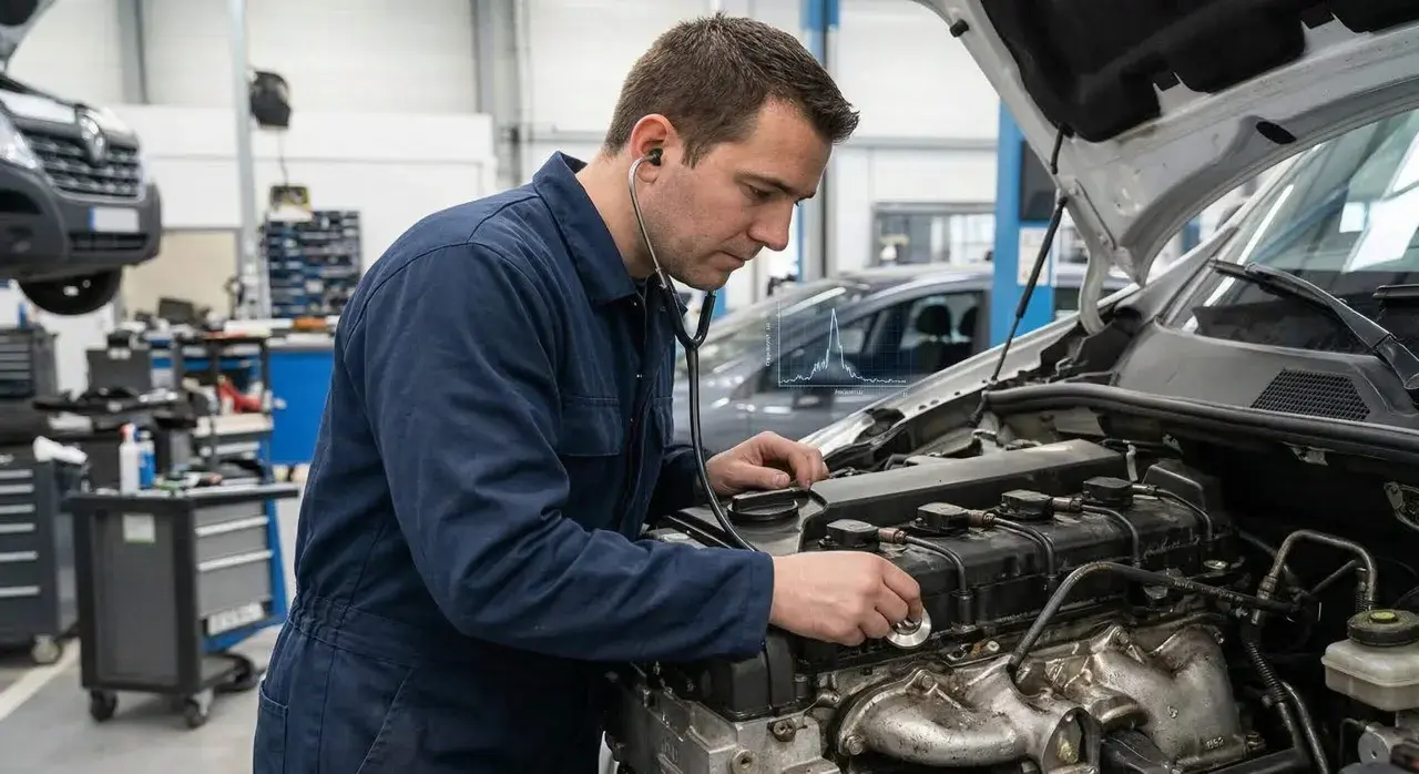 Mécanicien écoutant un moteur qui claque, suspectant un manque d'huile. Diagnostic en cours dans un atelier.