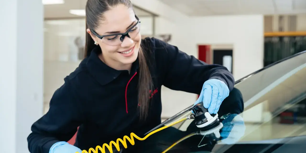 Une technicienne répare une fissure sur un pare-brise avec un équipement spécialisé. Elle sait exactement fissure pare brise que faire.