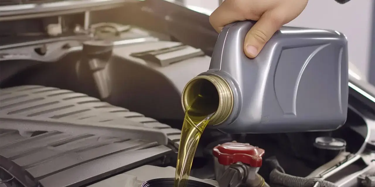 Main d'une personne versant de l'huile moteur d'un bidon gris dans le compartiment moteur d'une voiture. La question est : combien de litre huile moteur ?
