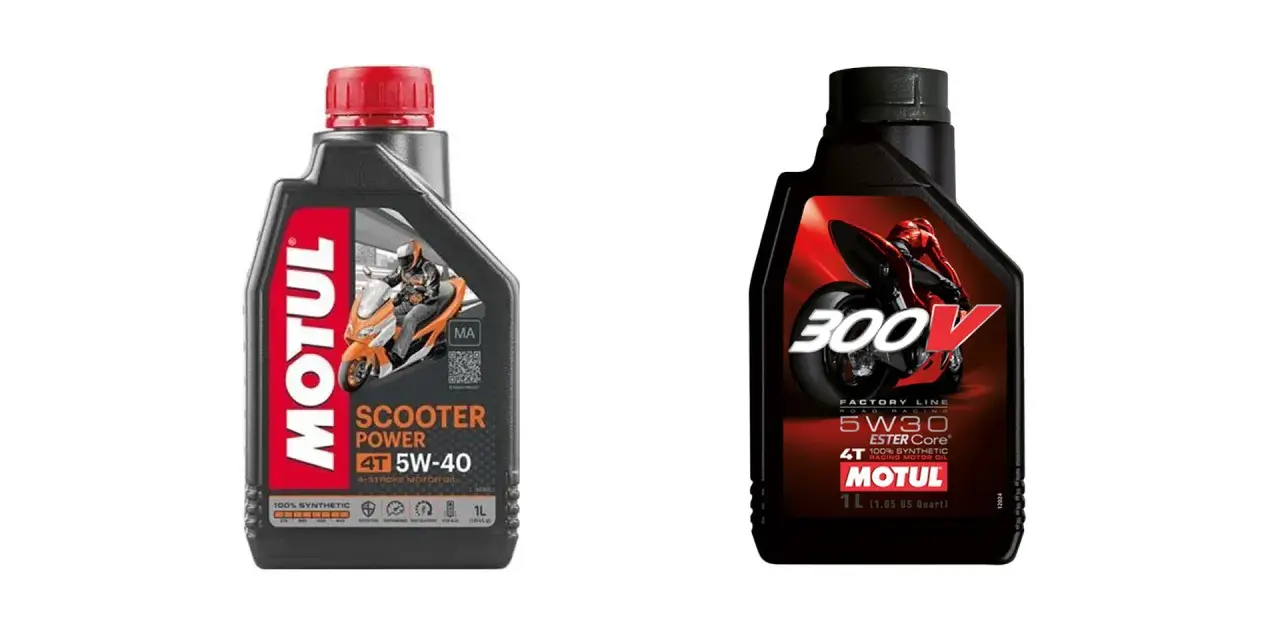 Huiles Motul : 5W-40 pour scooter et 5W30 pour moto de course. La différence est dans la performance.