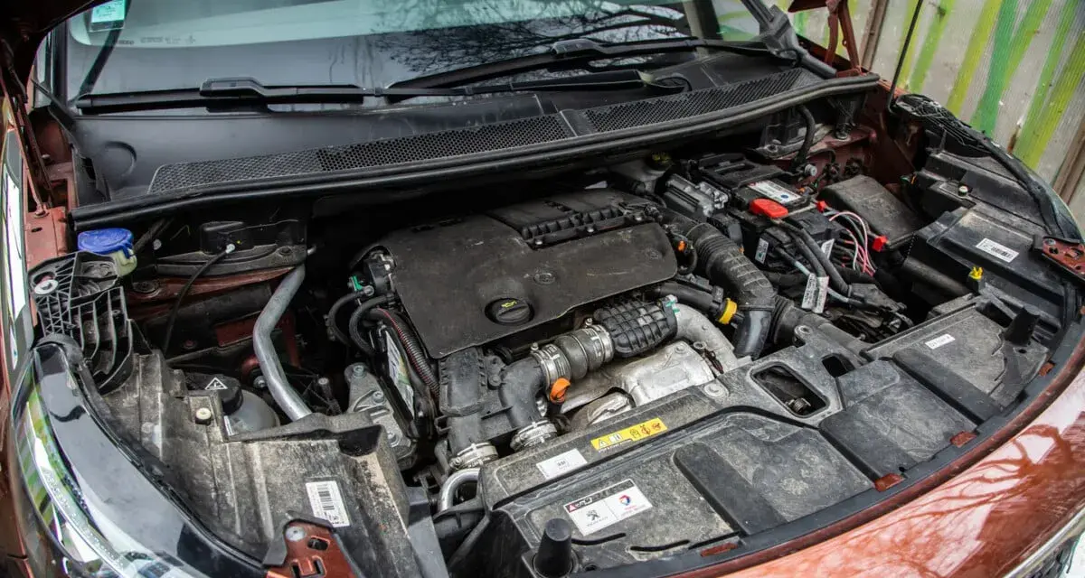 Vue rapprochée du moteur d'une voiture, prêt pour un nettoyage. On voit le bloc moteur, la batterie et divers composants.