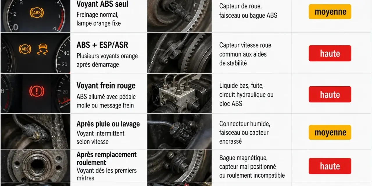 Tableau expliquant que veut dire ABS : voyant allumé, causes probables (capteur, bloc ABS) et urgence.