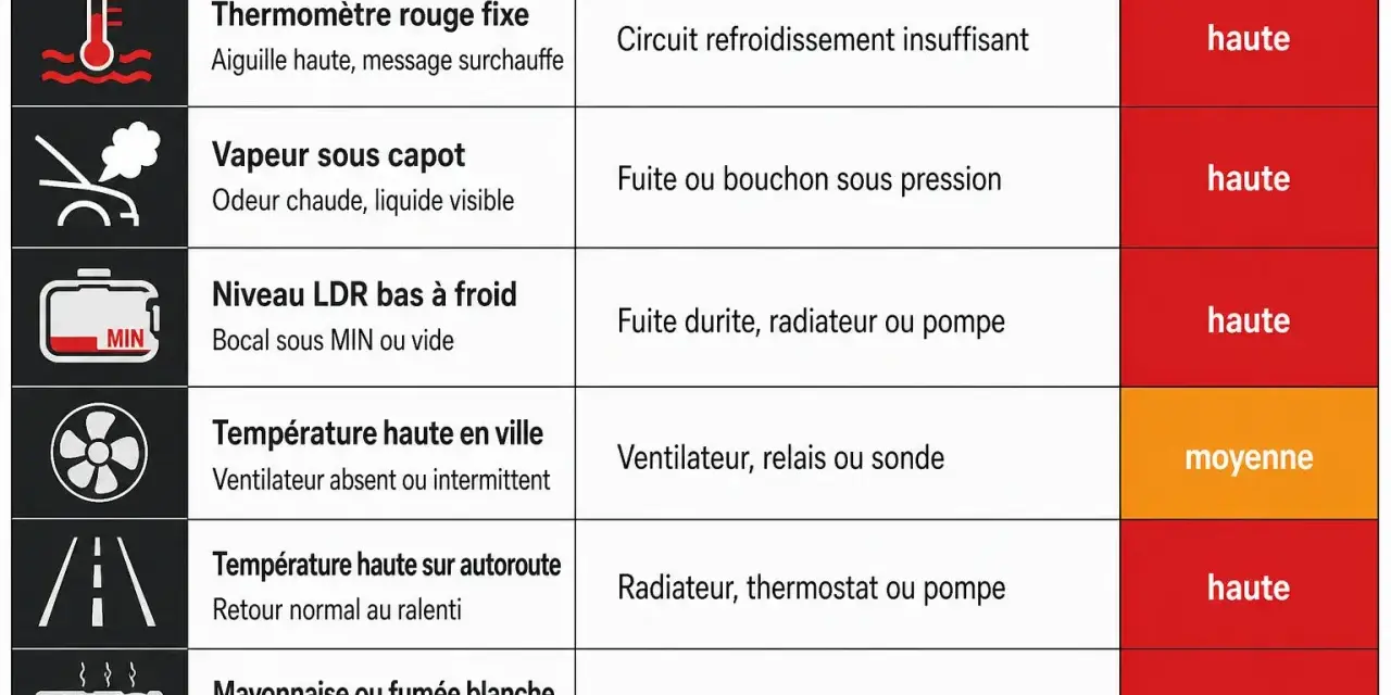 Tableau des symptômes de surchauffe moteur : thermomètre rouge, vapeur, niveau LDR bas, température haute en ville/sur autoroute, mayonnaise/fumée blanche. Causes et urgence indiquées.