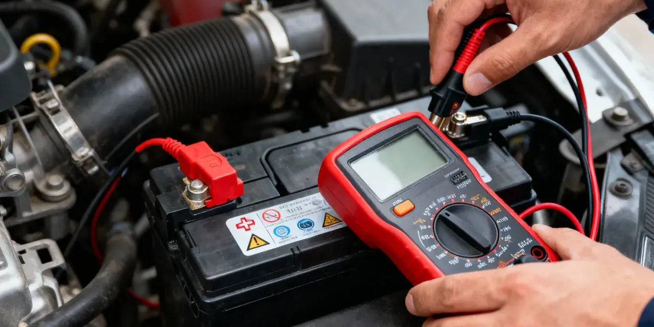 Main d'un mécanicien testant la batterie voiture sous le capot avec un multimètre rouge.