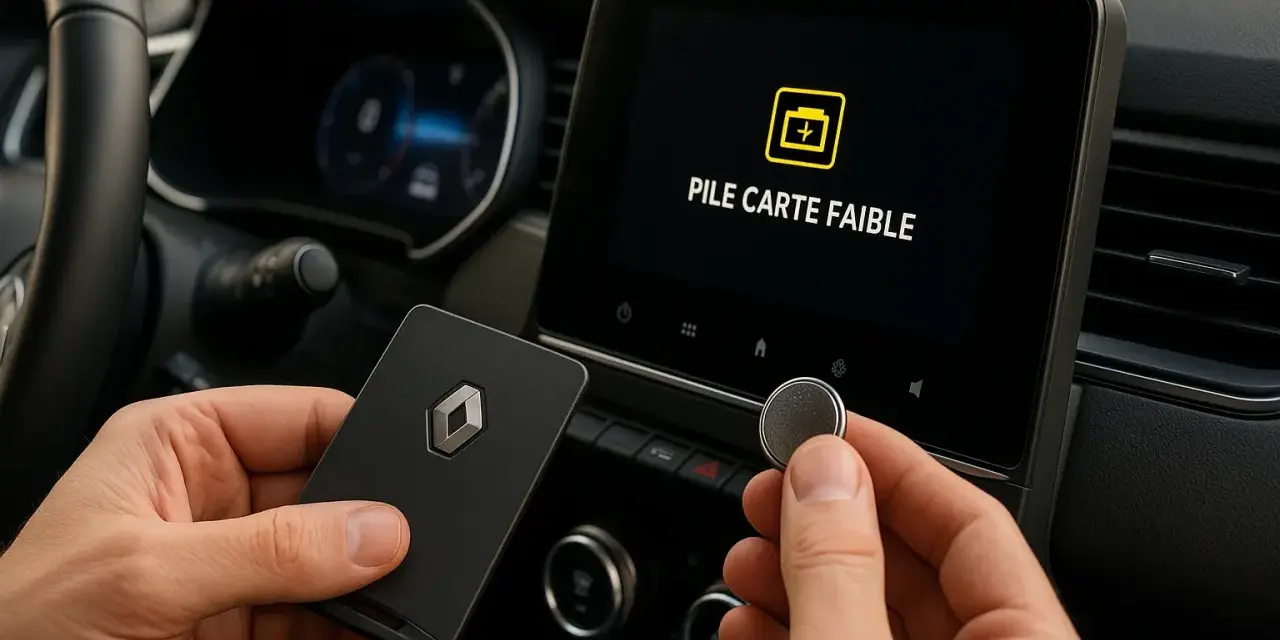 Main gauche tenant une carte Renault, main droite une pile bouton. L'écran affiche "Pile carte faible".