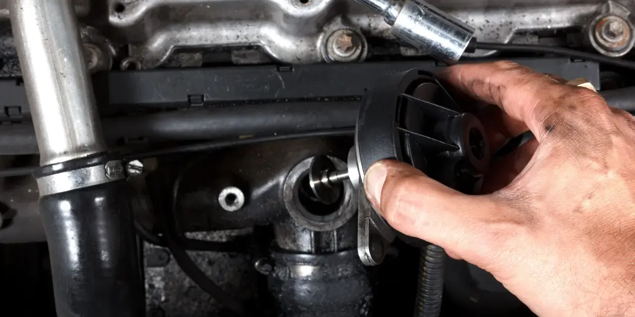 Main d'un mécanicien tenant une pièce de vanne EGR. Faut-il reprogrammer après changement vanne egr ? Question technique sur le moteur.
