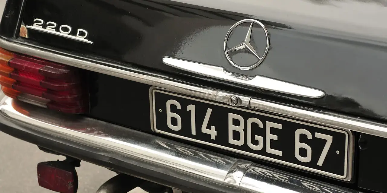 Arrière d'une Mercedes 220D noire. La plaque d'immatriculation "614 BGE 67" est visible. Pour savoir les chevaux de ma voiture, il faut regarder la carte grise.