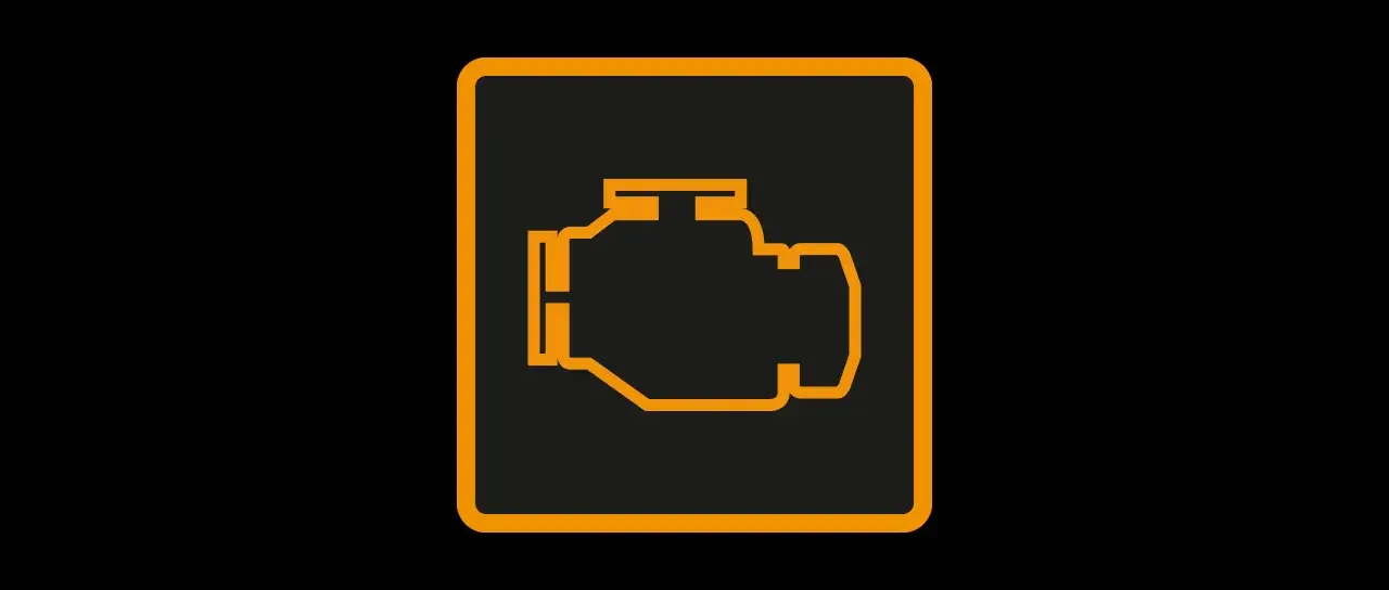 Icône de moteur orange sur fond noir. Le voyant moteur clignote, signalant un problème potentiel.