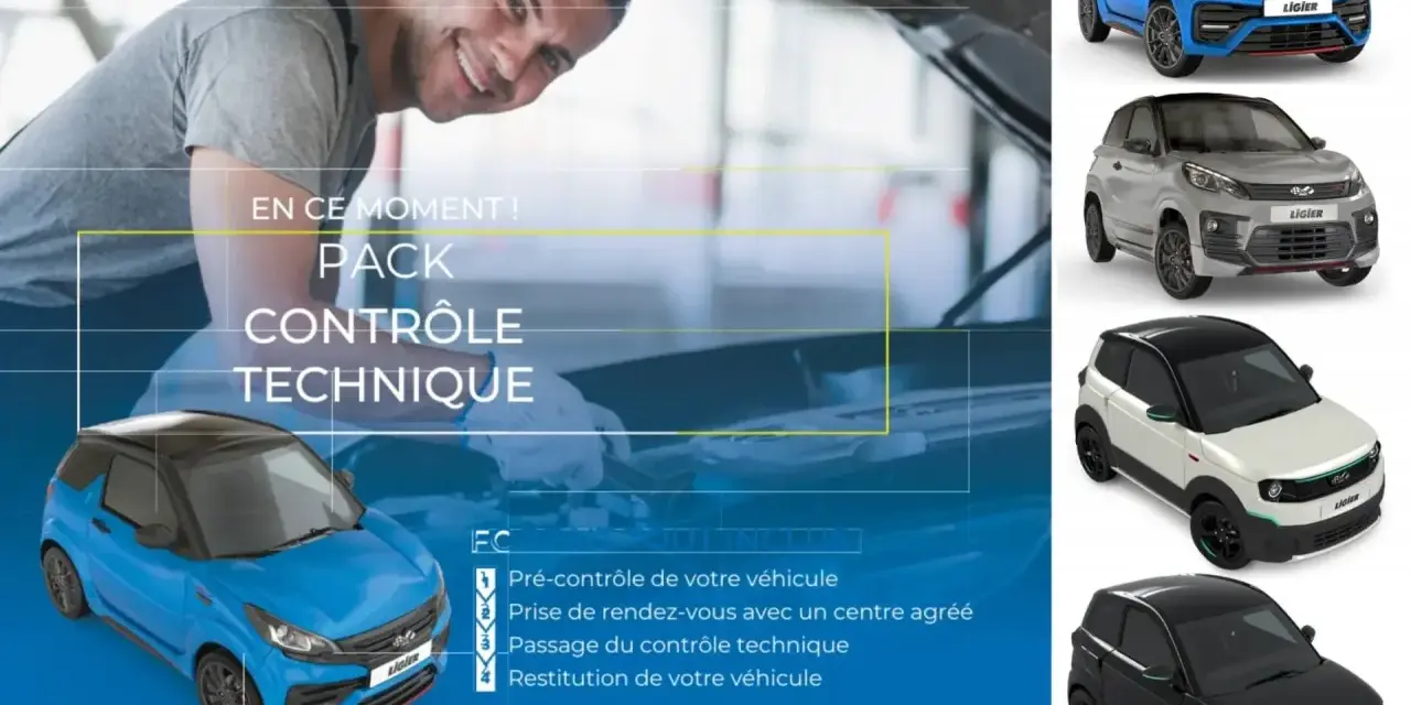 Pack contrôle technique voiture sans permis : pré-contrôle, RDV, passage et restitution. Plusieurs modèles Ligier présentés.