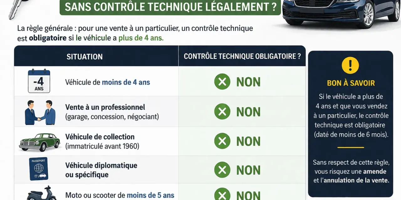 Infographie expliquant les cas où un contrôle technique n'est pas requis pour la vente d'une voiture.