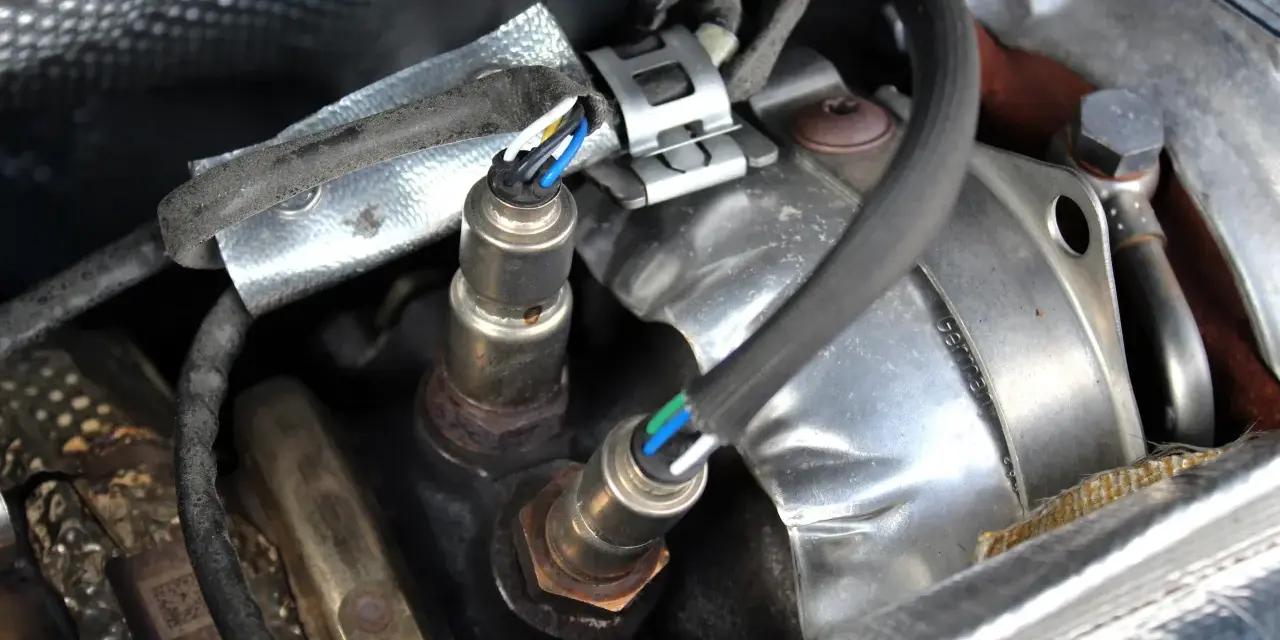 Deux sondes lambda, câblage visible, dans un compartiment moteur. Un nettoyage pourrait améliorer leur efficacité.