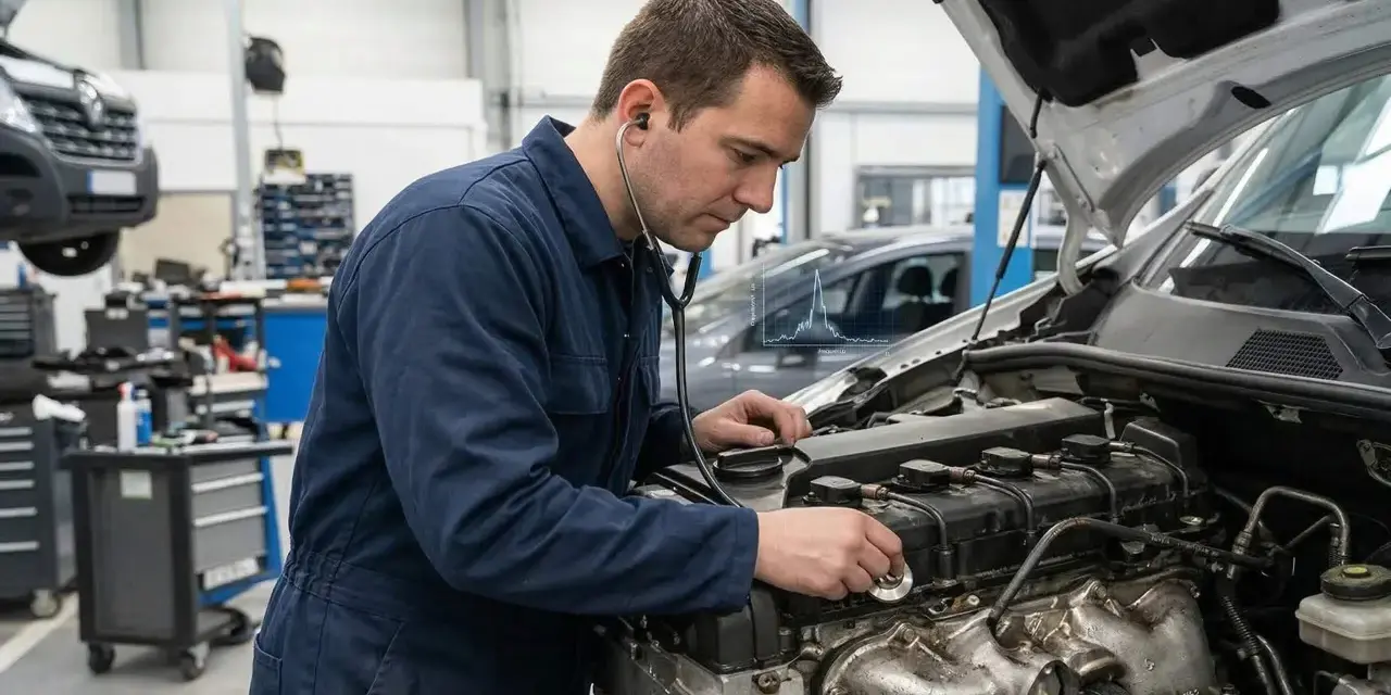 Mécanicien écoutant un moteur qui claque, suspectant un manque d'huile. Diagnostic en cours dans un atelier.