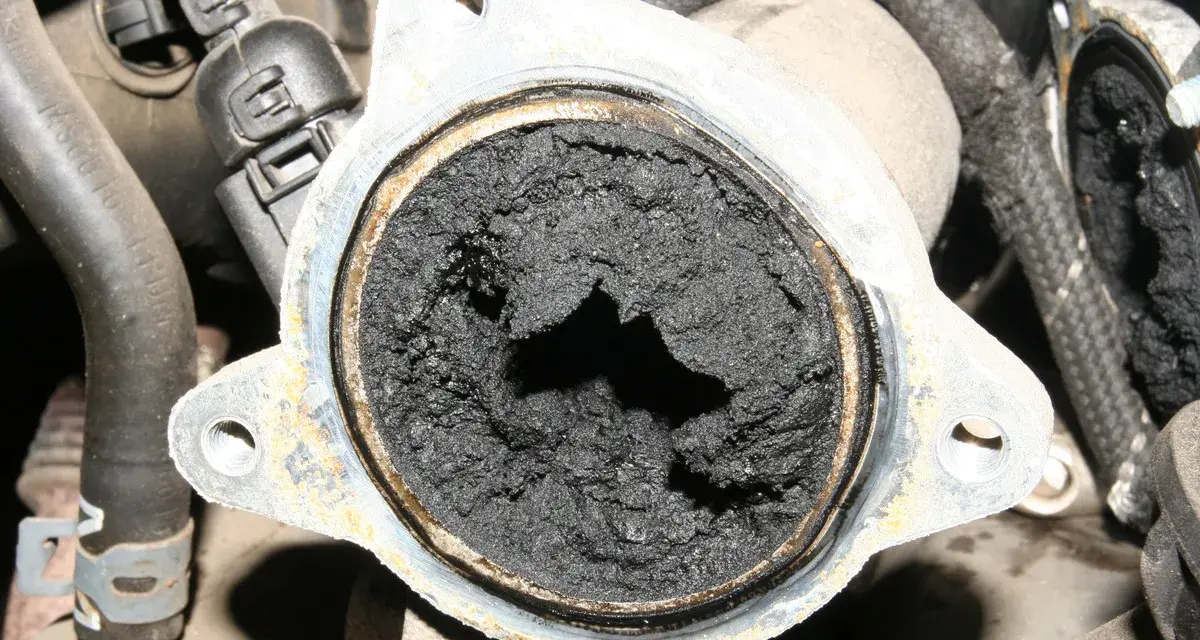 Gros dépôt de suie noire obstruant une vanne EGR, signe d'un défaut potentiel.