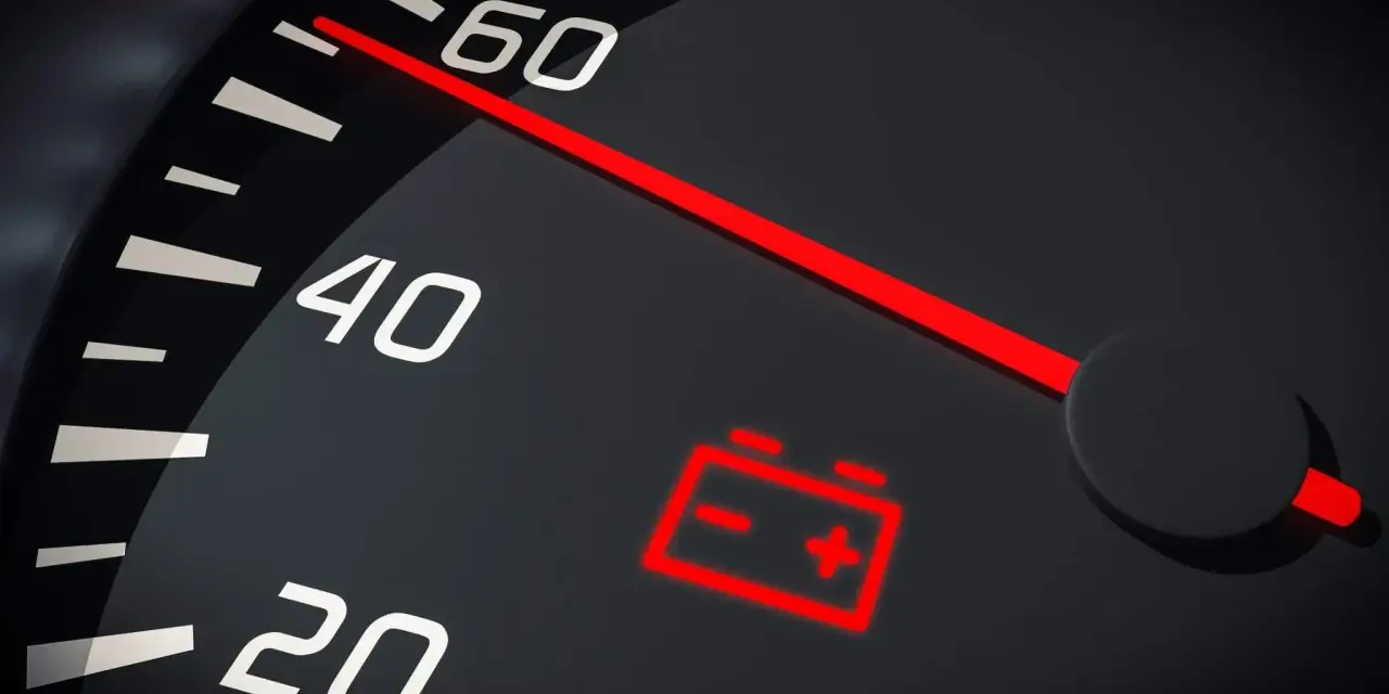 Tableau de bord d'une voiture avec le symbole batterie allumé en rouge, indiquant un problème de charge.
