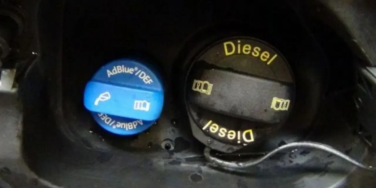 Bouchons AdBlue et Diesel dans un compartiment de carburant. Un problème AdBlue sur une Peugeot peut survenir si le liquide n'est pas correctement rempli.