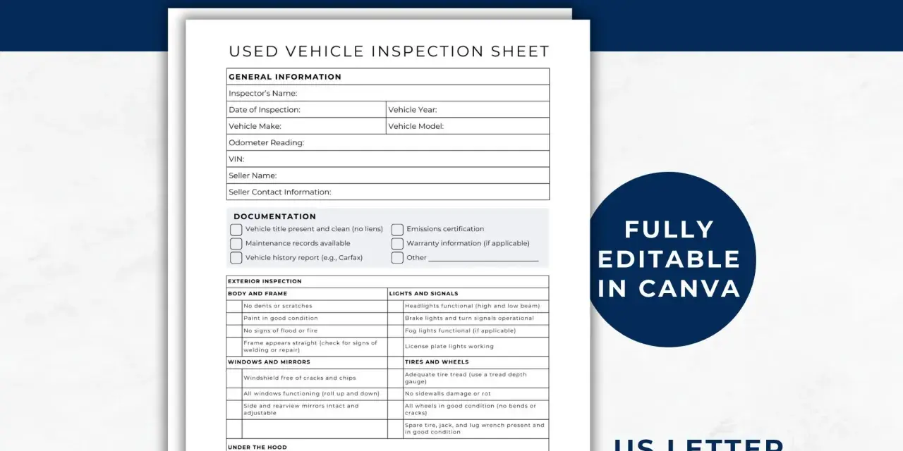 Document d'inspection de véhicule d'occasion, idéal pour un historique entretien voiture. Il détaille la carrosserie, les lumières, les pneus et le moteur.