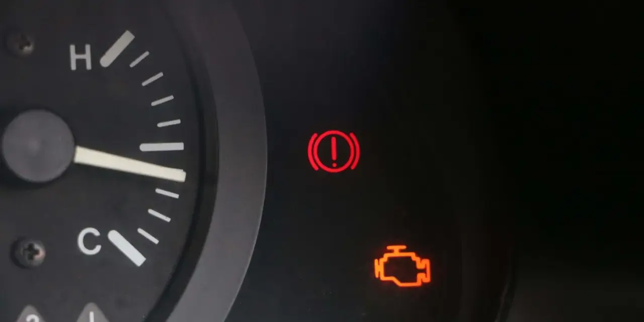 Tableau de bord d'une voiture avec le voyant moteur allumé, signalant un problème. Le voyant d'alerte de freinage est également visible.