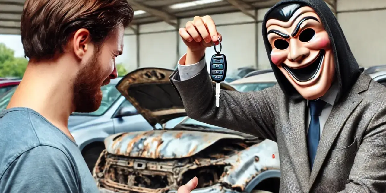 Un homme masqué offre des clés de voiture à un autre homme, devant une épave. C'est ça, le mandataire auto ?