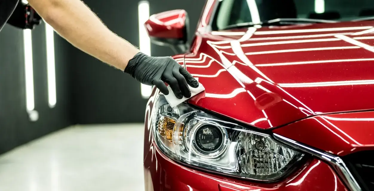 Main d'une personne gantée appliquant un produit sur le phare d'une voiture rouge. Une astuce de grand-mère pour faire briller une voiture.
