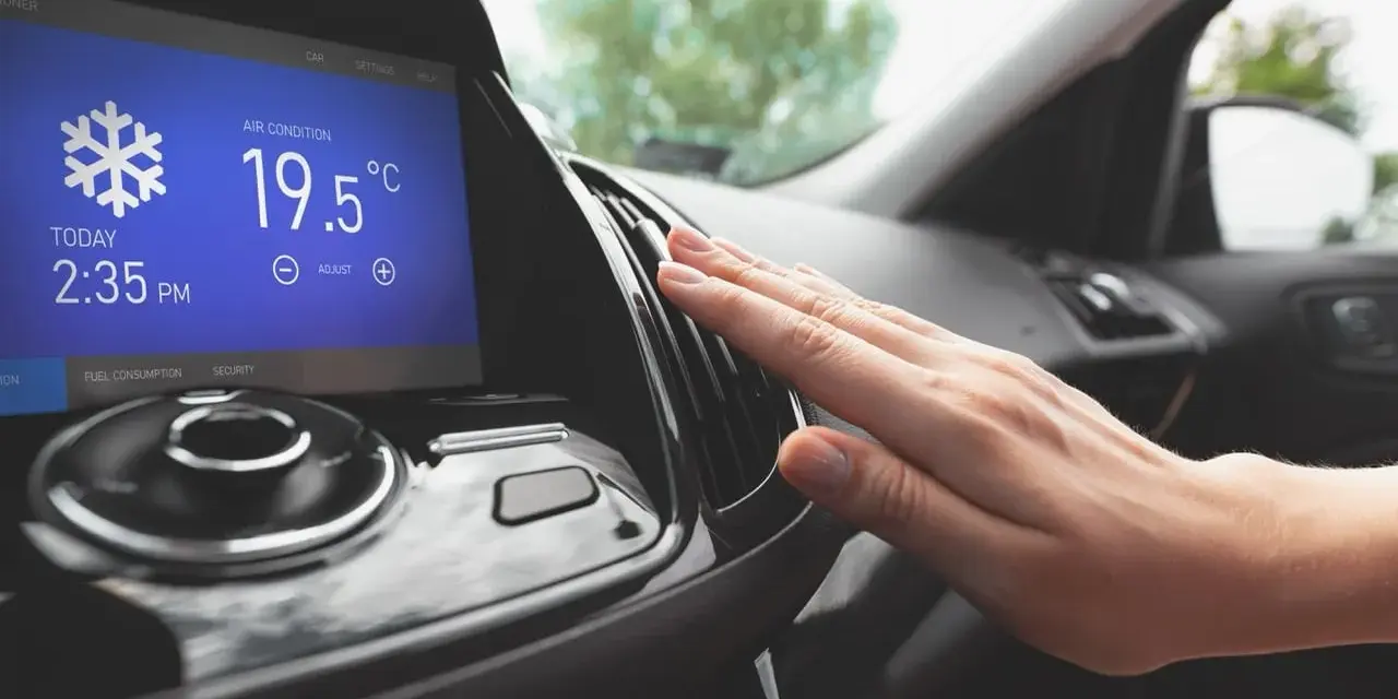 Main d'une personne vérifiant la sortie d'air climatisé dans une voiture, affichant 19.5°C. Parfait pour le clim air chaud.