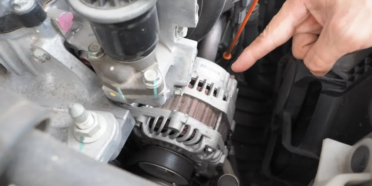 Main d'un mécanicien pointant vers l'alternateur pour tester un régulateur de tension dans un compartiment moteur.