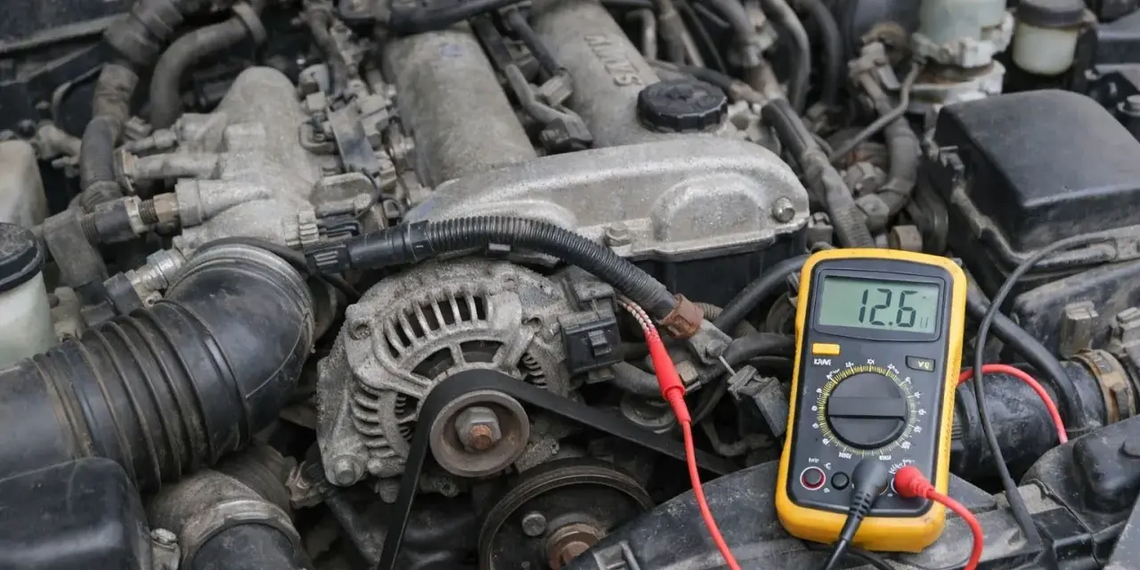 Multimètre jaune branché sur un moteur de voiture. L'écran affiche 12.6V, une mesure pour savoir si une batterie ne tient plus la charge.