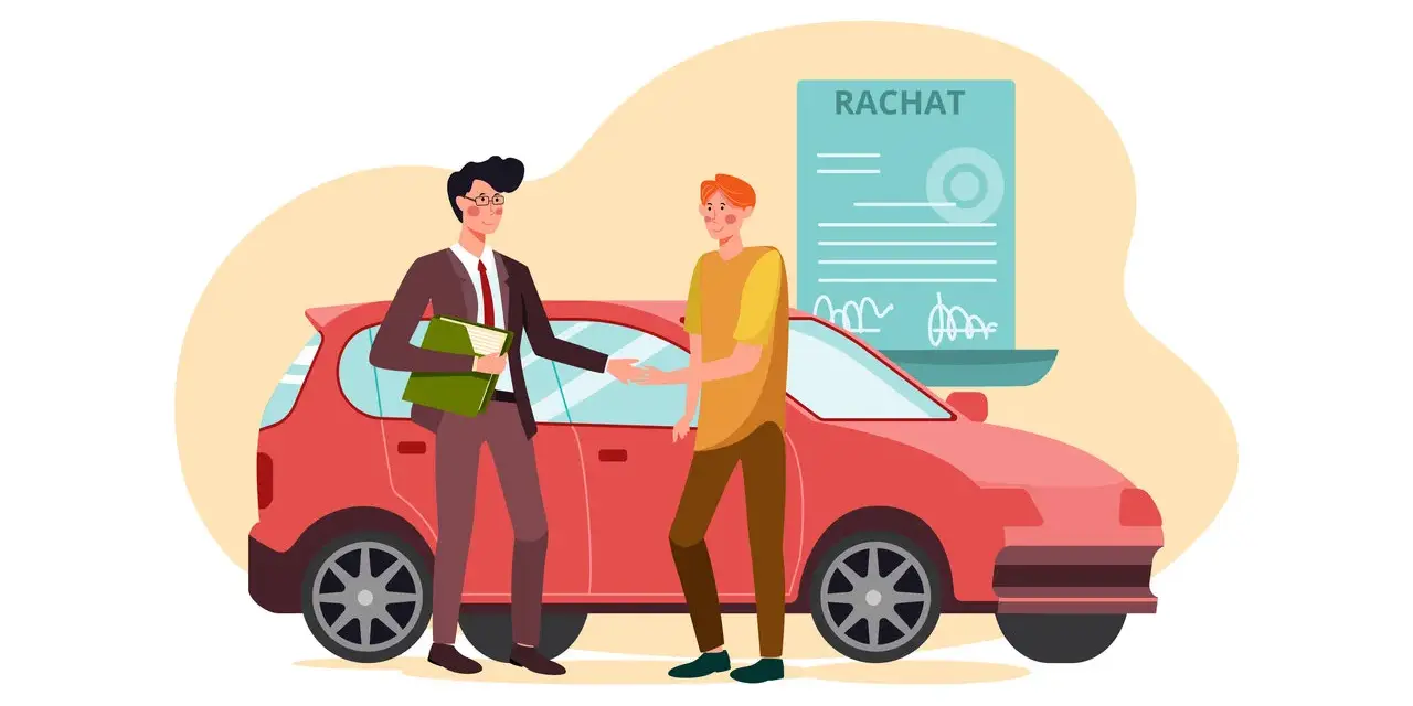 Un homme en costume serre la main d'un autre homme devant une voiture rouge. Un document intitulé "RACHAT" est visible, symbolisant la vente de voiture à un professionnel.