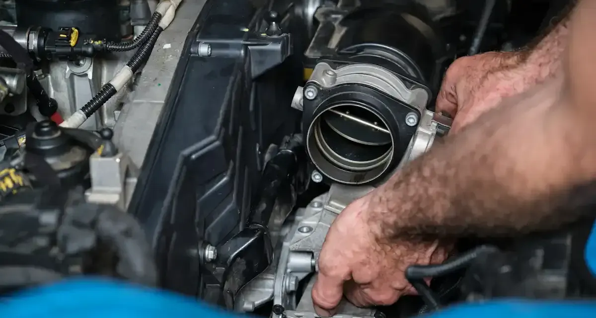 Mains d'un mécanicien travaillant sur un moteur, possiblement pour diagnostiquer un débitmètre d'air défectueux symptôme.