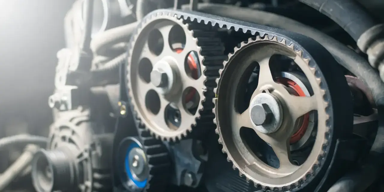 Courroie crantée et poulies d'un moteur, suggérant une distribution décalée ou un réglage précis.