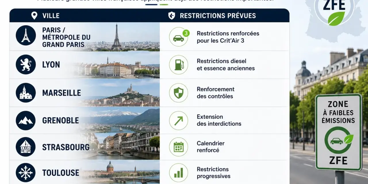 Liste des villes françaises concernées par les ZFE en 2026, avec des restrictions renforcées pour les Crit'Air 3.