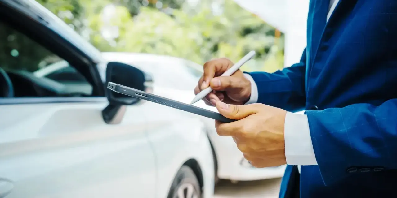 Un homme en costume bleu utilise une tablette pour évaluer la valeur vénale d'un véhicule blanc.