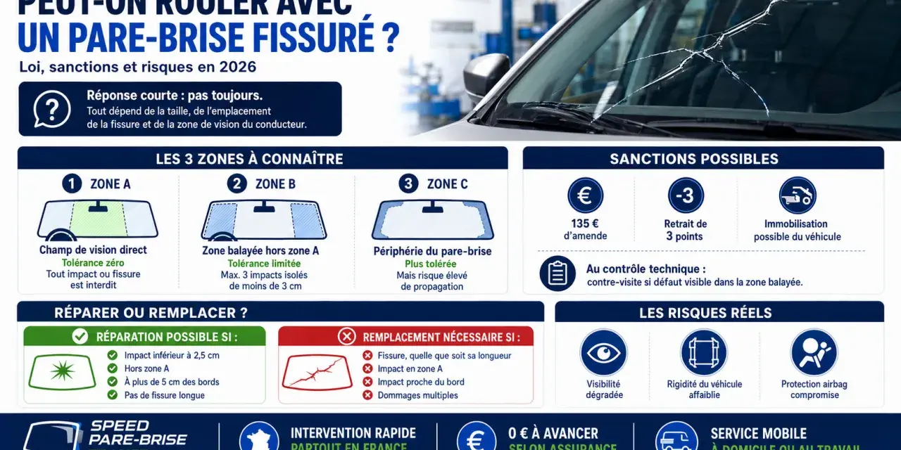 Un pare-brise fissuré peut entraîner une amende et un retrait de points au contrôle technique. La loi est stricte sur l'impact pare brise.