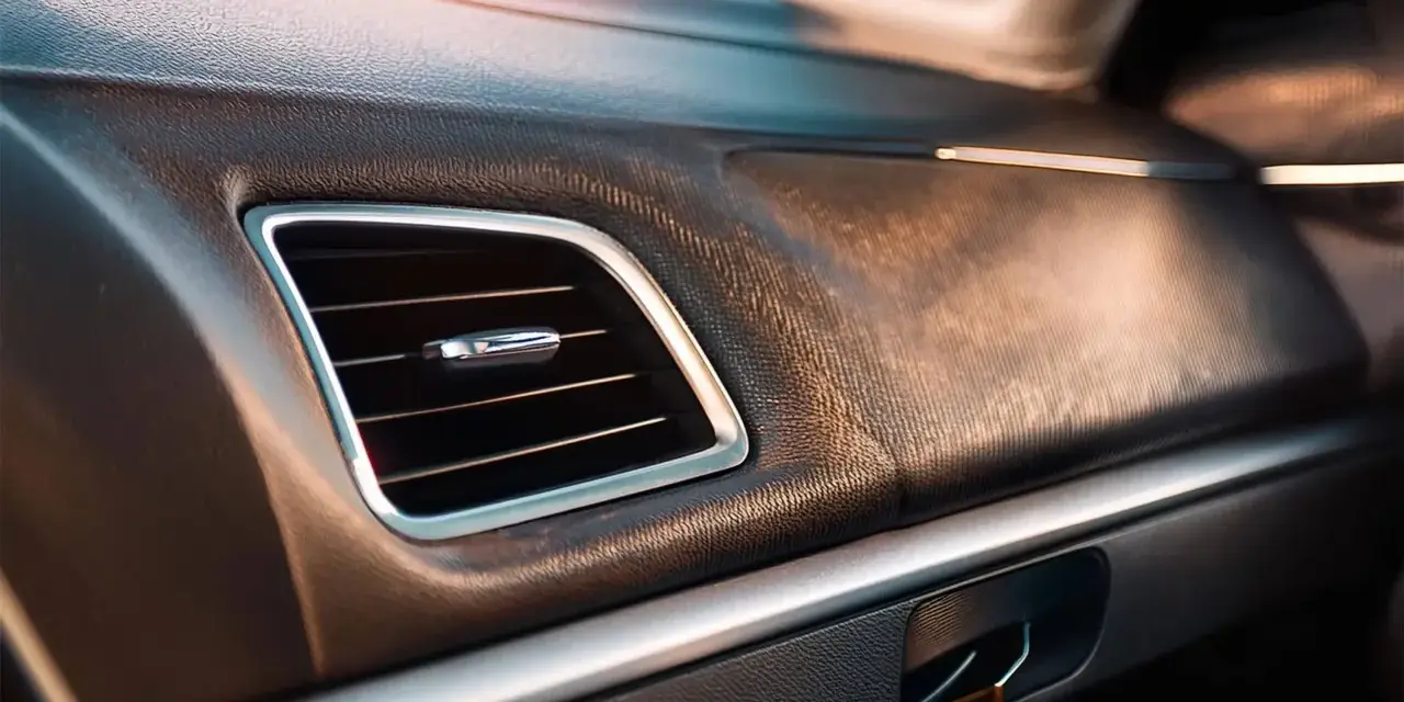 Tableau de bord d'une voiture avec une grille de ventilation chromée. La question "combien de temps dure une clim voiture" résonne dans l'habitacle climatisé.