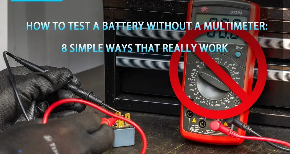 Comment tester une batterie sans multimètre : des mains gantées manipulent des fils rouges et noirs connectés à un relais. Un multimètre est barré d'un cercle rouge.