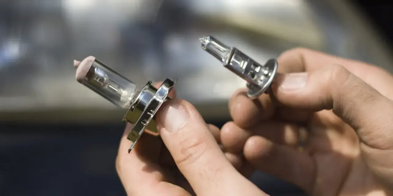 Deux ampoules de feu de croisement voiture sont tenues dans des mains. L'une est déjà retirée, l'autre est sur le point de l'être.
