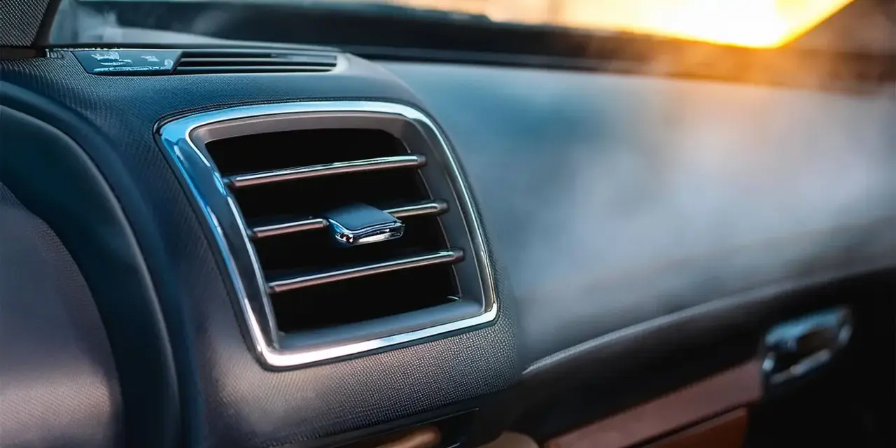 Le tableau de bord d'une voiture moderne, avec une grille de ventilation chromée. L'AC, ou climatisation, permet de réguler la température intérieure.