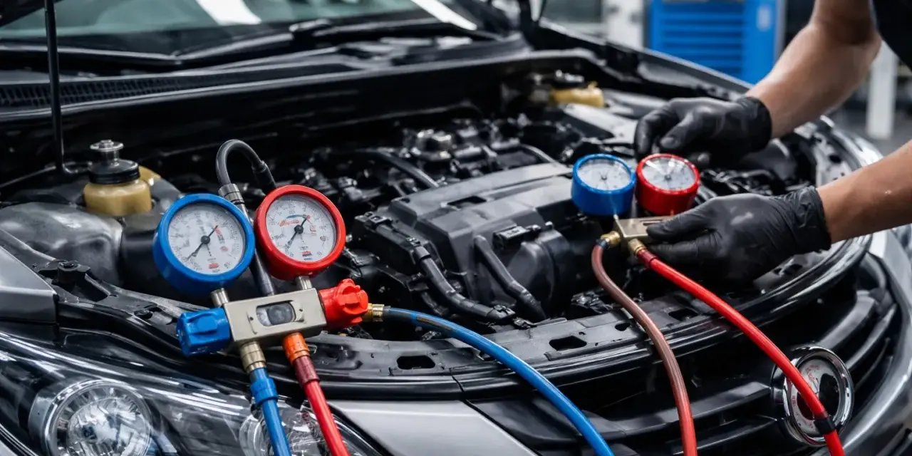 Un mécanicien vérifie la pression du système de climatisation d'une voiture avec des manomètres. La durée de recharge clim est cruciale pour son bon fonctionnement.