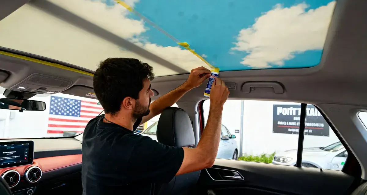 Un homme applique un adhésif pour recoller le ciel de toit d'une voiture, orné d'un motif de ciel bleu et de nuages.