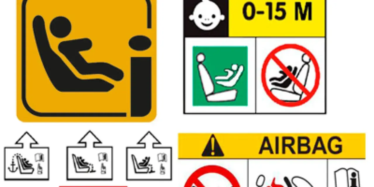 Panneau d'avertissement : ne pas installer de siège enfant face à la route là où il y a un airbag.
