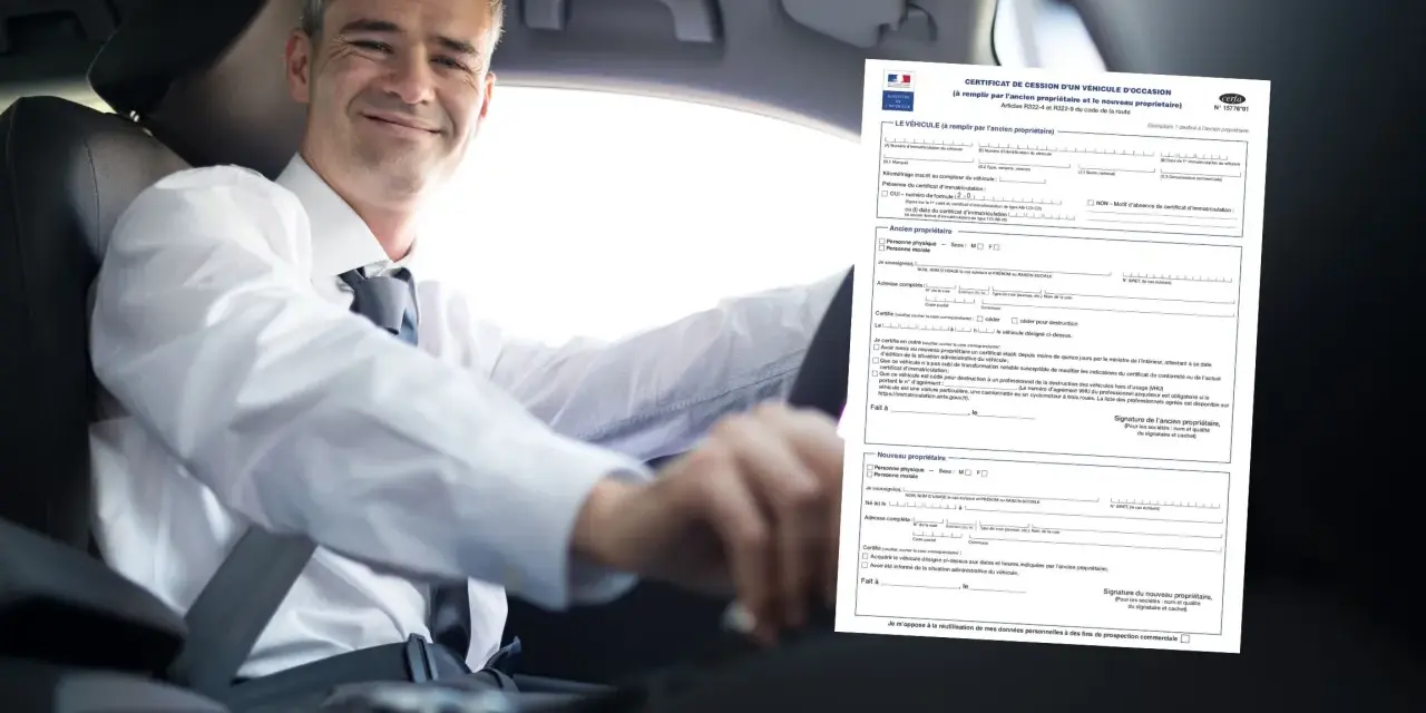 Un homme souriant conduit, une main sur le volant. À côté de lui, un formulaire "Certificat de cession d'un véhicule d'occasion" est visible, expliquant comment remplir un certificat de cession.