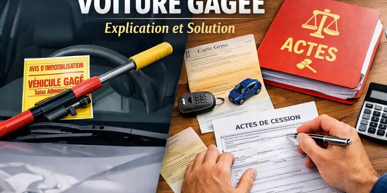 Volant avec un avis "Véhicule gagé", une carte grise, une petite voiture bleue, des actes de cession et un livre rouge "Actes".