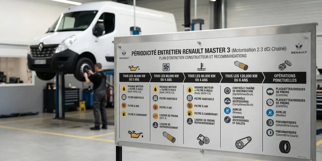 Tableau d'entretien pour un Renault Master 3 : ce qu'il faut savoir pour la révision. Il détaille les opérations selon le kilométrage et l'âge du véhicule.