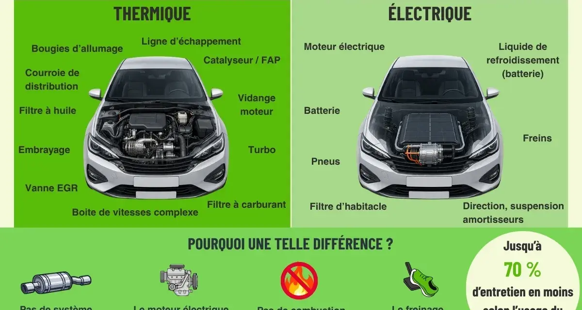 Comparaison des entretiens : voiture thermique vs électrique. La voiture thermique a plus de pièces à entretenir, contrairement à la voiture électrique.