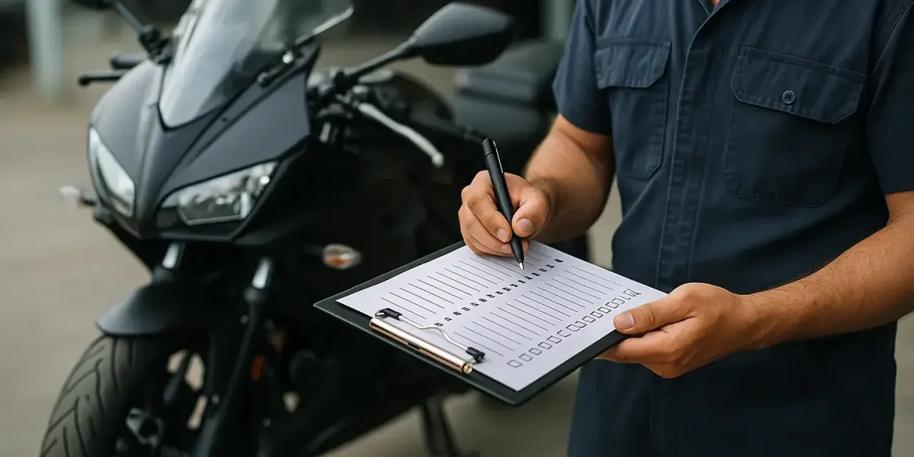 Un technicien remplit une liste pour le contrôle technique d'une mobylette noire, assurant sa sécurité.